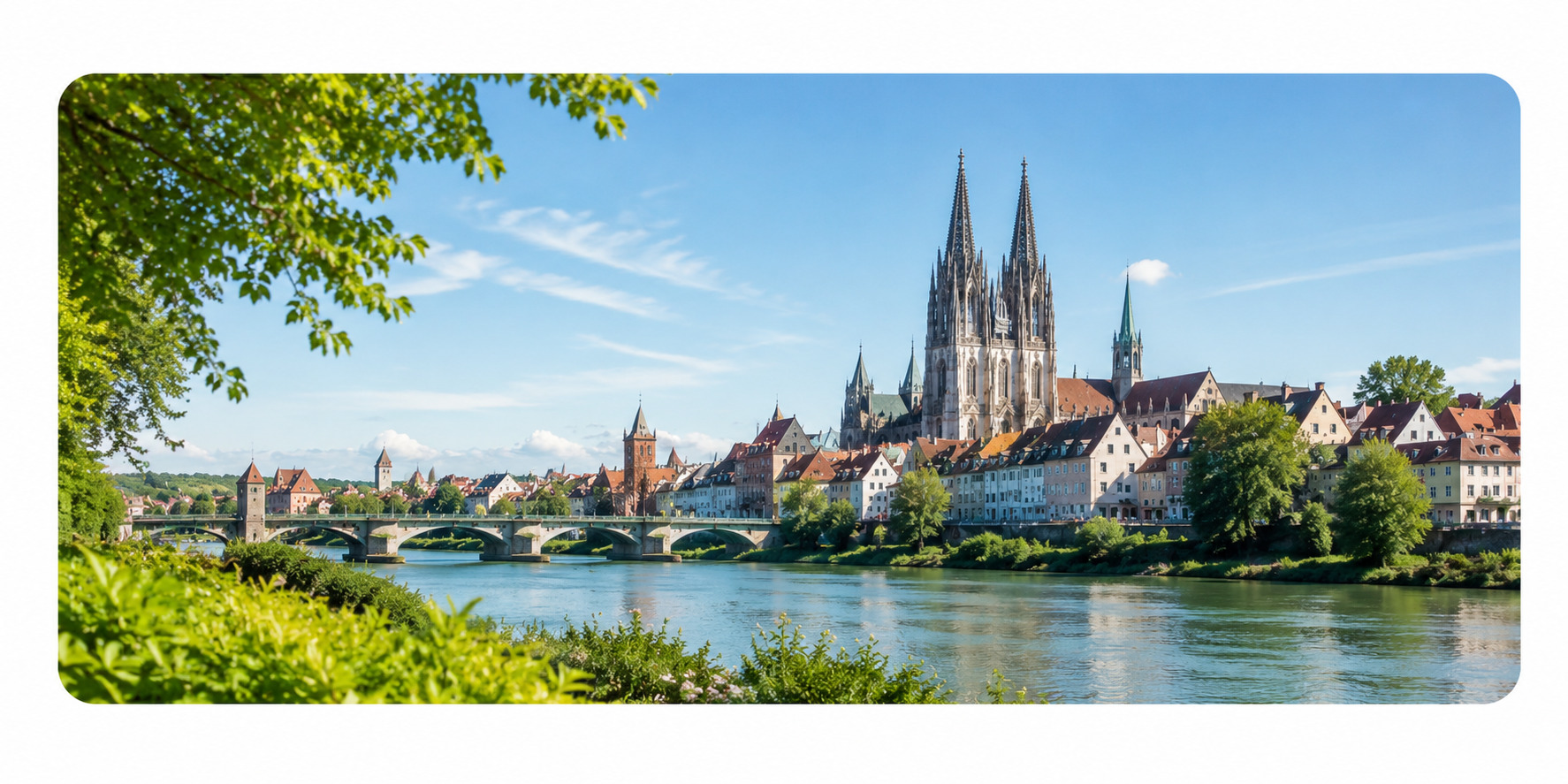 Panoramablick auf eine moderne Stadtlandschaft in Nordrhein-Westfalen mit Fluss, Brücke und historischer Architektur als Symbol für den regionalen Einsatzbereich von LAO Dienstleistungen.