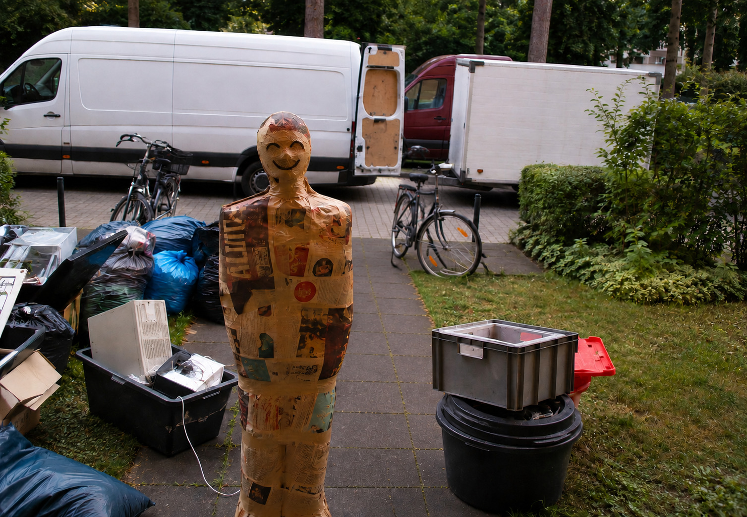 Verpackte Figur aus Karton und Zeitungspapier zwischen Umzugskartons und Haushaltsgegenständen bei einer Entrümpelung. Im Hintergrund stehen Transportfahrzeuge für Haushaltsauflösungen und Räumungen.