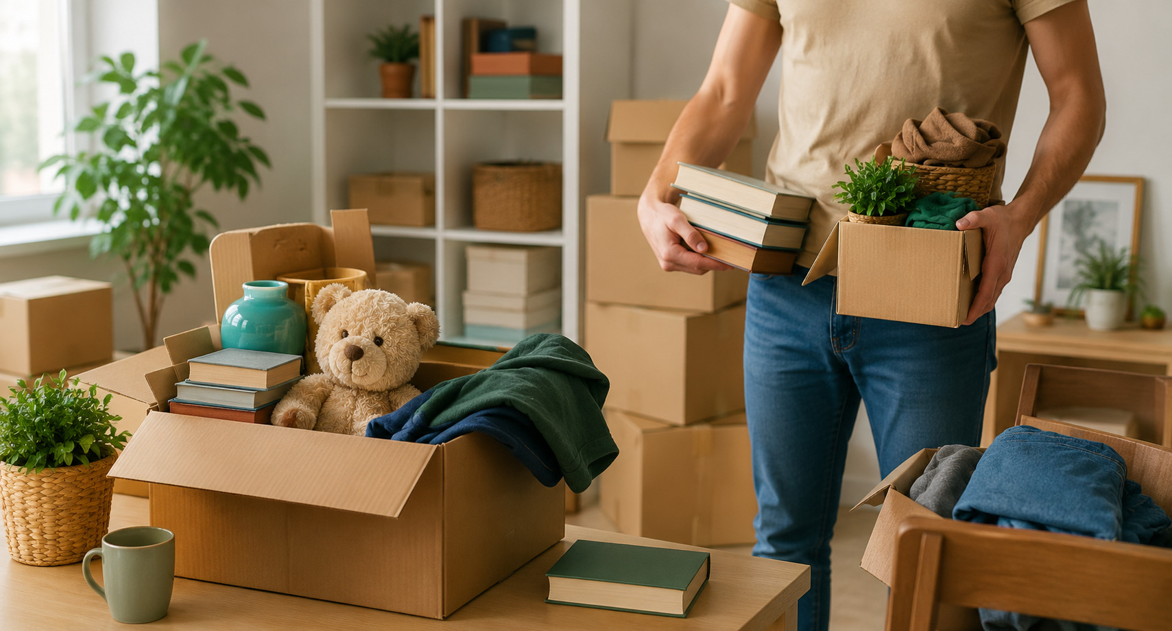 Nachhaltige Wohnungsauflösung mit sortierten Umzugskartons und wiederverwertbaren Haushaltsgegenständen zur Weitergabe und Wiederverwendung.
